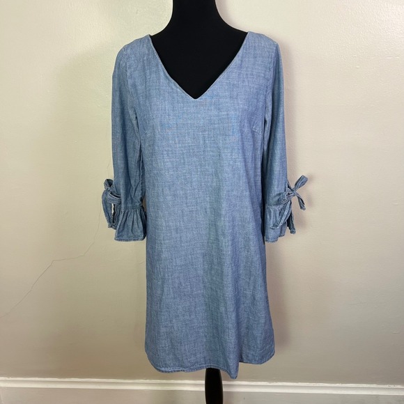 J.Crew Dresses & Skirts - J. Crew Chambray V Neck Tie Sleeve Shift Dress Blue Size 6
